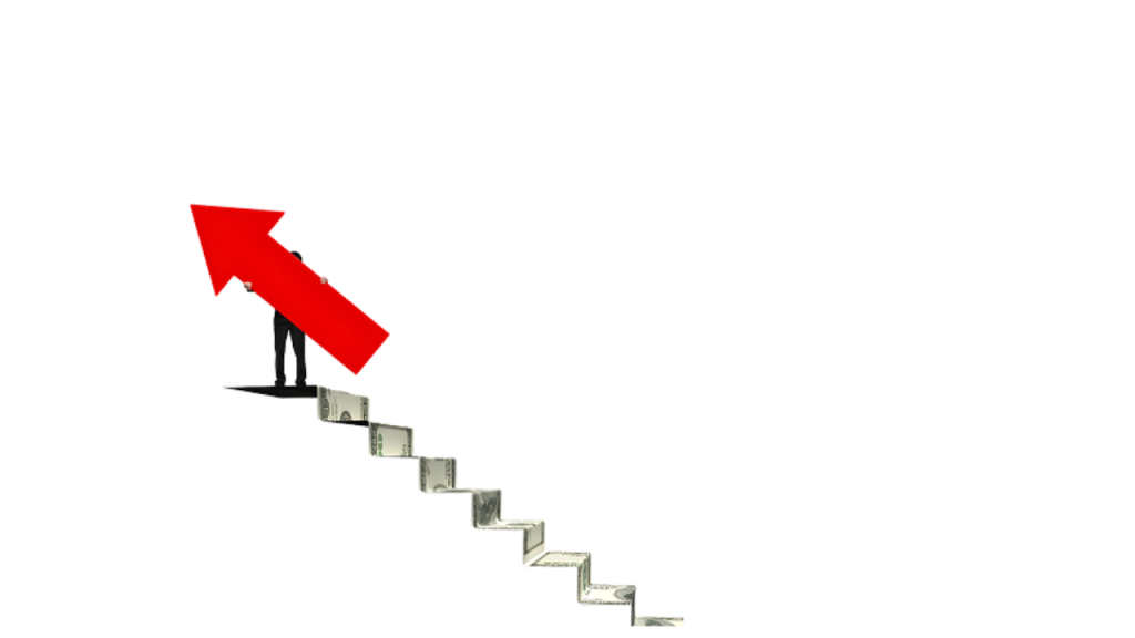 financial advice man holding an arrow on top of stairs in a cloud