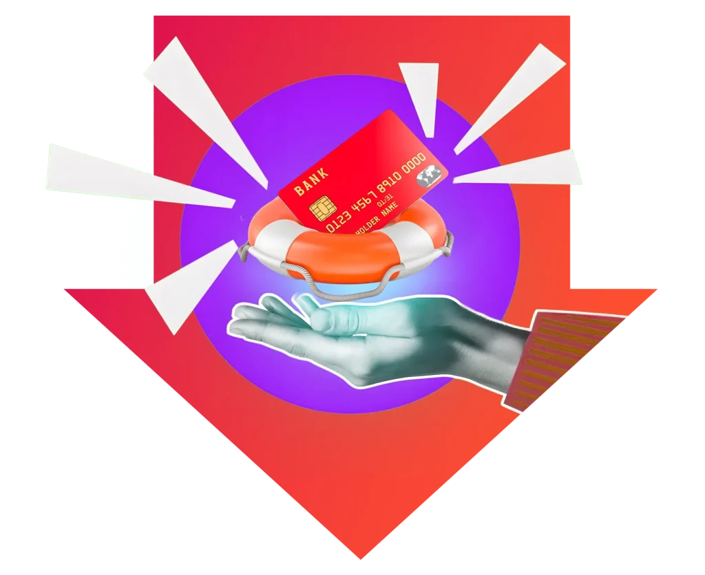 credit card debt red arrow and hands with credit cards