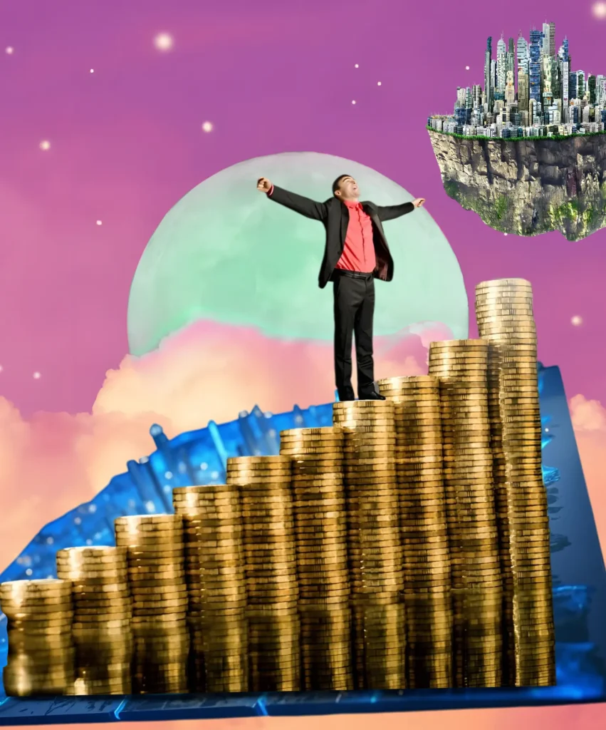 Financial Advice man standing on a sack of gold coins