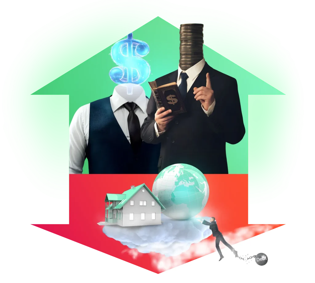 debt management two men with coins and dollar sign instead of heads