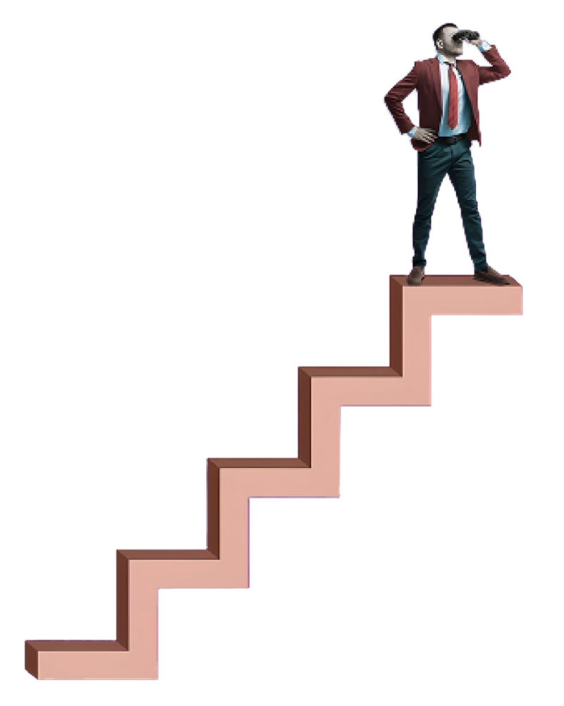retirement living man on steps looking through binoculars